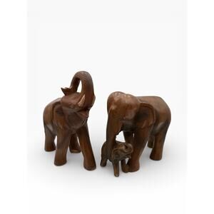 Pair Lg Wooden Elephants Accents Sculpture Hand Carved w/Baby Heavy Vintage READ